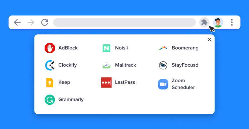 A browser toolbar showing icons for a password manager, ad blocker, and shopping browser extension