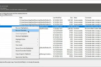 A screenshot of a data recovery software program with a dark mode interface, showing options and instructions on how to recover deleted files from a computer.