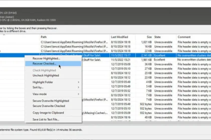 A screenshot of a data recovery software program with a dark mode interface, showing options and instructions on how to recover deleted files from a computer.
