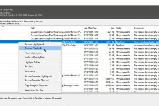A screenshot of a data recovery software program with a dark mode interface, showing options and instructions on how to recover deleted files from a computer.