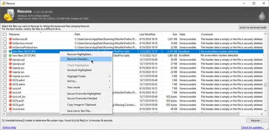 A screenshot of a data recovery software program with a dark mode interface, showing options and instructions on how to recover deleted files from a computer.