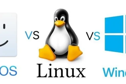 A graphic representing the ultimate OS showdown, with the logos of Windows, macOS, and Linux facing each other, symbolizing the comparison between the operating systems.