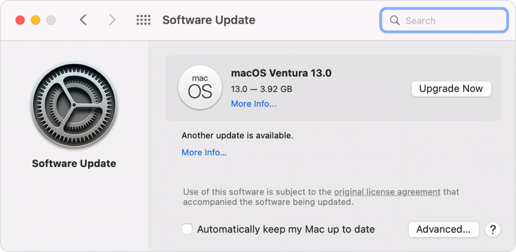 A screenshot of the macOS Software Update window showing a new update available.