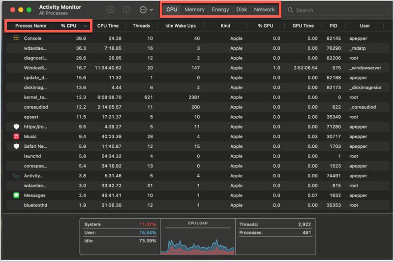 A screenshot of the Activity Monitor on a Mac, showing how to check Mac system performance. The CPU tab is active, with processes sorted by the "% CPU" column to easily identify resource-intensive applications.